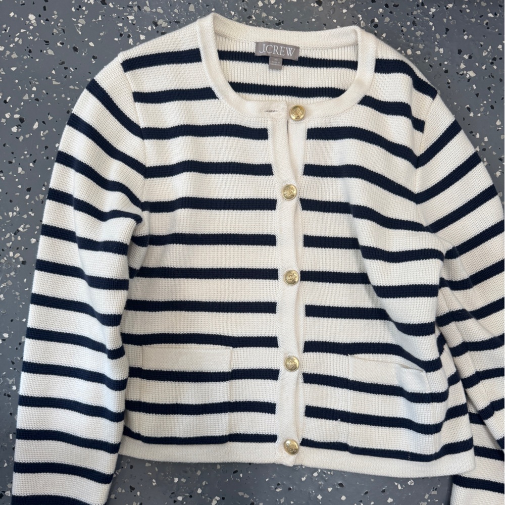 J. Crew Navy and White Striped Button-Front Sweater